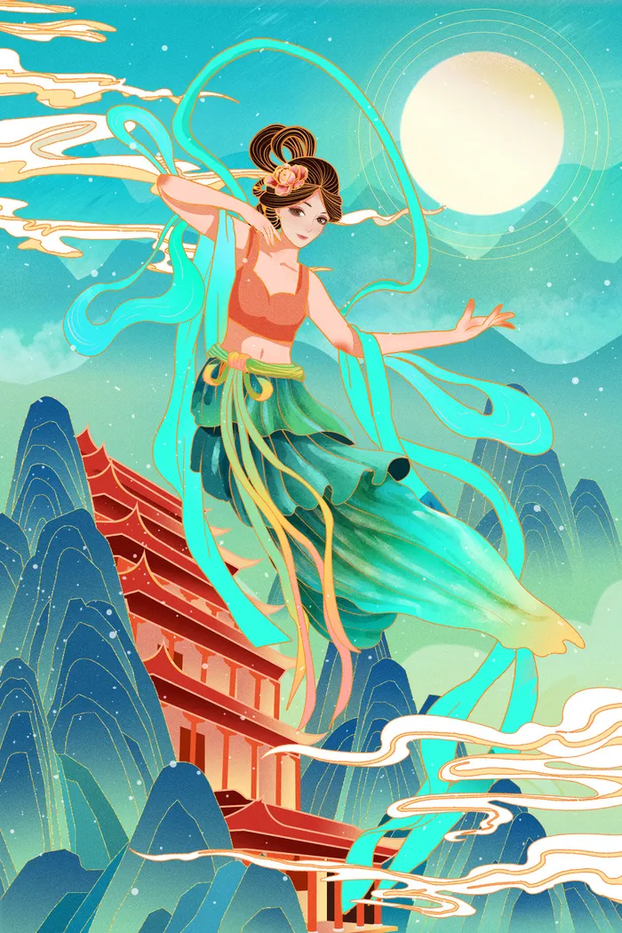 复古中国风国潮神话人物敦煌插画仙女手绘海报背景PSD设计素材psd模版下载