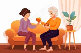 奶奶孙女品尝美食陪伴欢乐插画素材背景