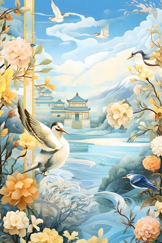 国潮建筑蓝色插画背景