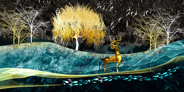 新中式山水金绿黑色背景装饰画