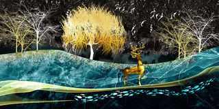 新中式山水金绿黑色背景装饰画