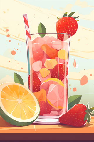 草莓柠檬饮料卡通插画
