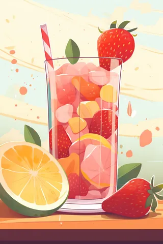 草莓柠檬饮料卡通插画