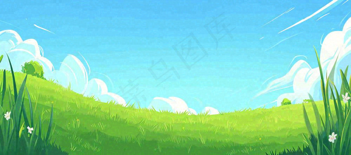蓝天白云绿植草坪，小草树木清新，春天夏天阳光(1632x720)