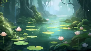 夏日森林湖泊荷叶睡莲卡通插画背景