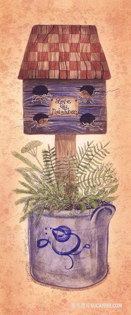 木屋木桶植物高清插画