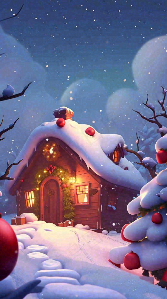 冬天苹果红色雪屋雪地雪花，圣诞节可爱卡通