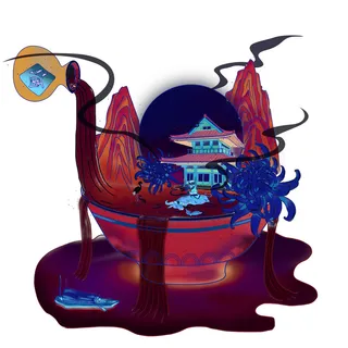 时尚微景观山水装饰庭院祥云中式国潮风插图插画元素素材设计模板