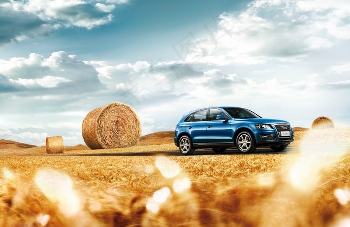 秋日麦田悠然意境奥迪汽车宣传图