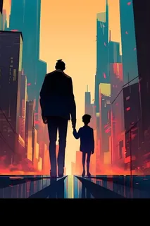 父亲和孩子亲情城市剪影背景