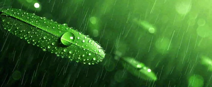春天下雨天树叶草叶上的露珠水珠，谷雨雨水摄影图(1712x704)