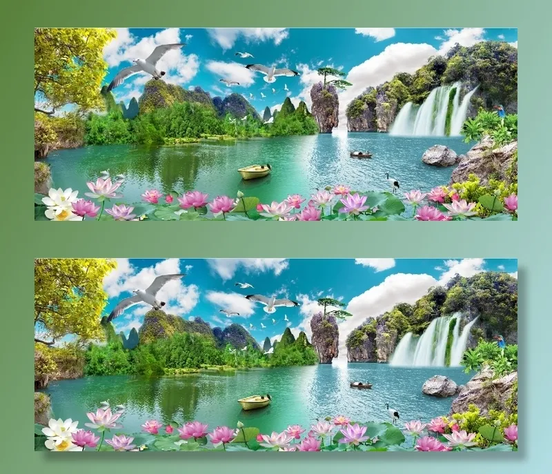 流水生财荷花风景背景墙psd模版下载