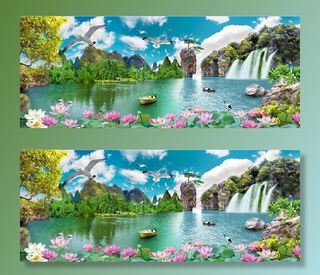 流水生财荷花风景背景墙