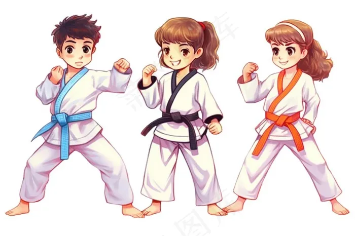 跆拳道男孩女孩对战插画免抠(1344x896)