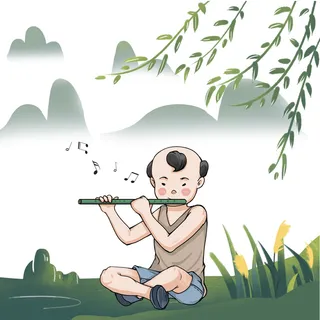 清明清明节卡通牧童坐在地上吹笛