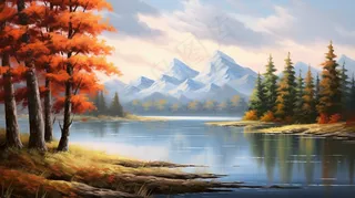 秋季树木湖泊河流风景新疆插画素材背景