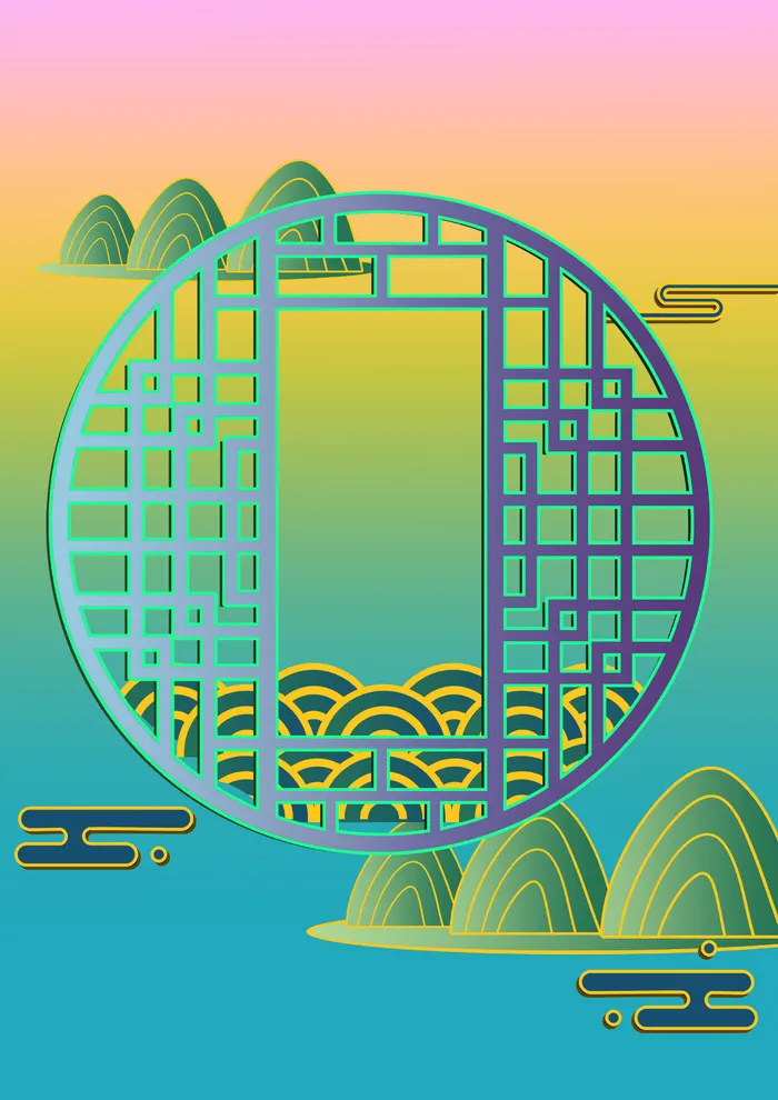 中国风国潮窗户山水背景psd模版下载