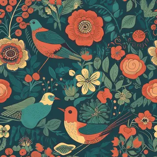 花鸟图，插画风格，无缝贴图，素材