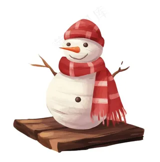 木板上的雪人帽子围巾卡通插画