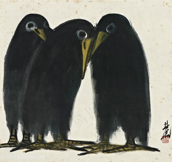 林风眠手绘水墨乌鸦装饰画