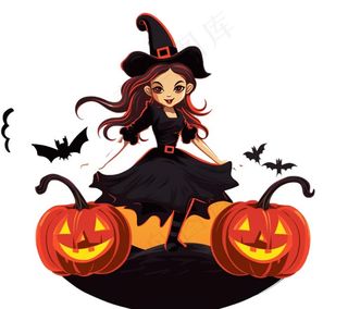 万圣节女巫蝙蝠南瓜卡通插画免抠
