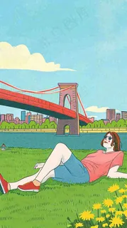 城市阳光蓝天白云人物在草地风景手绘插画，休闲