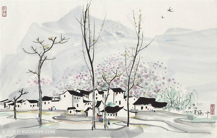 吴冠中水墨房子山脉装饰画