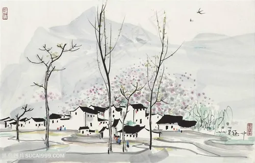 吴冠中水墨房子山脉装饰画 吴冠中水墨房子山脉装饰画