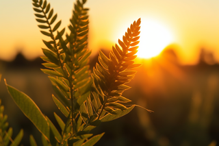 落日下的草丛绿叶映照着余晖摄影图