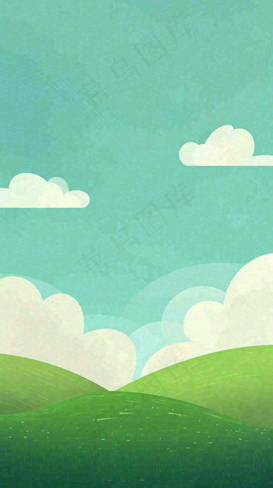蓝天白云草地卡通扁平手绘插画春天绿色立春，春分