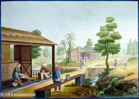 古代农村瓷器厂集市贸易场景绘画图片