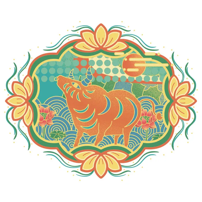 中国风国潮十二生肖牛手绘烫金插画春节剪纸元素PSD设计素材psd模版下载