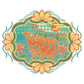 中国风国潮十二生肖牛手绘烫金插画春节剪纸元素PSD设计素材