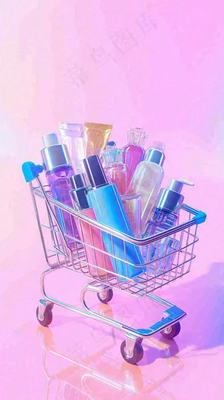 商品购物车电商美妆洗漱用品，彩色缤纷C4D