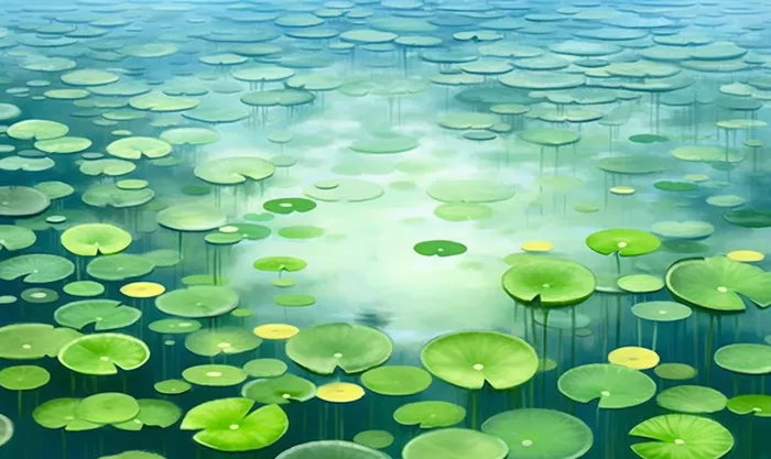 湖水上漂浮着很多荷花睡莲的插画(5696x3392)