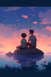 长辈父亲和孩子坐着看落日晚霞浪漫背景