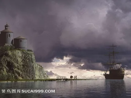 唯美海边风光和帆船素材图片