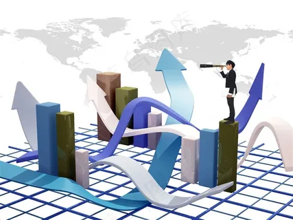 站在柱形数据表上拿着望远镜眺望的商务人士高清图片