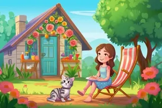 夏日清新女孩吃水果小猫背景