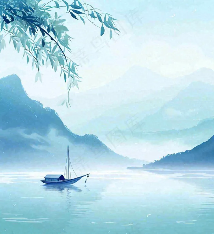 中国风意境湖面山脉云层山水画插画(1024x1120)