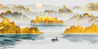 金色山水小船装饰