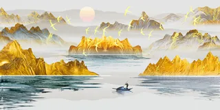 金色山水小船装饰