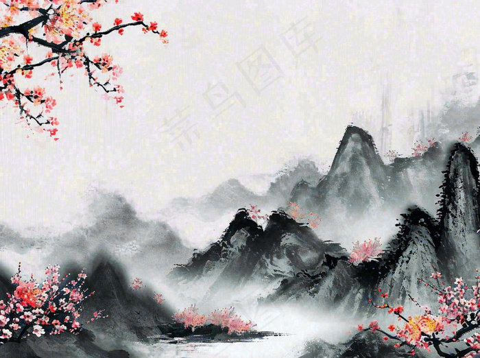 中国风水墨山水画，山脉枝叶花朵手绘插画