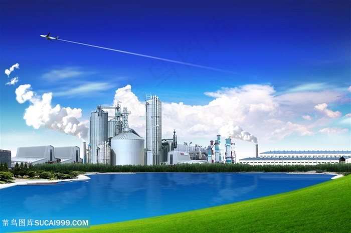 蓝天白云湖畔建筑韩式自然背景