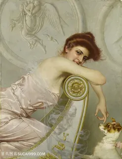 欧洲宫廷美女与狗油画