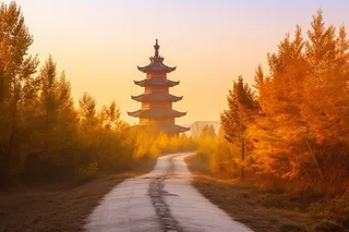 秋季金黄的树叶树木道路尽头塔摄影图