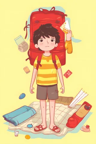 背着大背包的男孩出游黄色背景