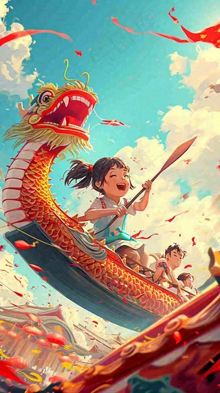 海面上龙船开船手绘插画，孩子人物，蓝天白云古风