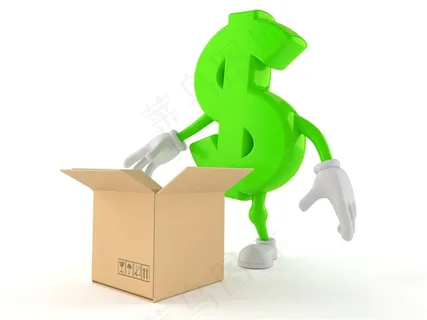 站在打开的纸箱前的绿色立体美金符号高清图片 站在打开的纸箱前的绿色立体美金符号高清图片