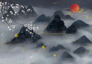 国潮鎏金复古烫金国风孔雀仙鹤装饰画素材PSD